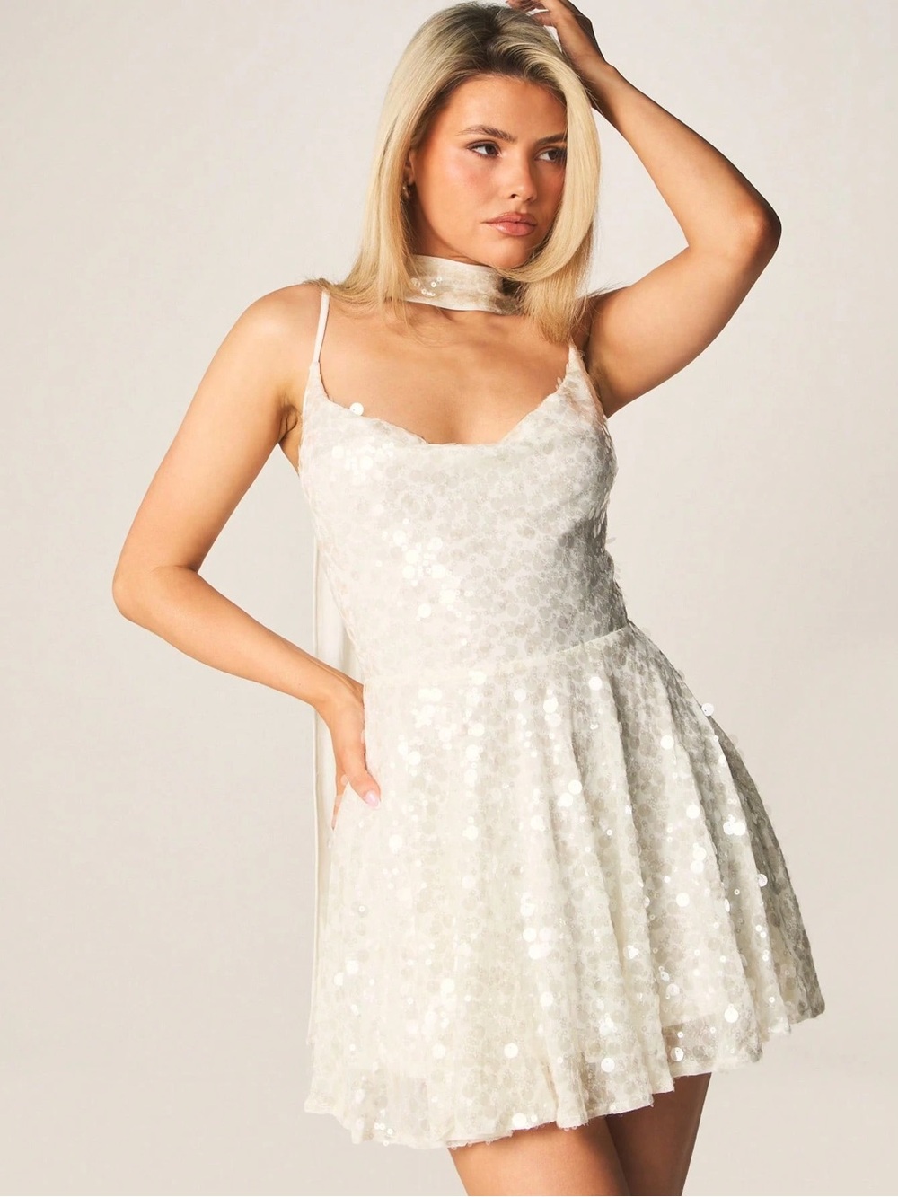Sequin Floral Mini Dress in White Like New